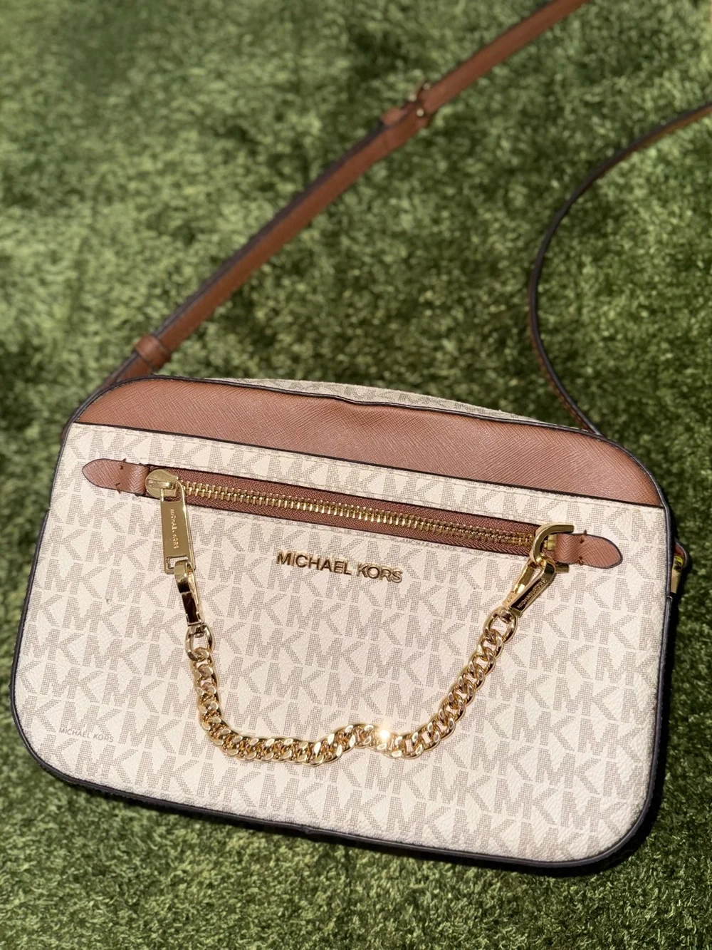 Michael Kors Beige Signature MK Crossbody with Brown Trim and Gold Chain